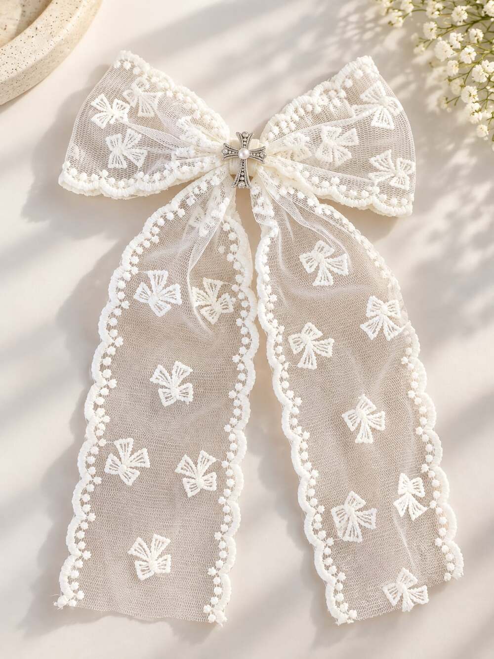 Ivory Sheer Lace Hair Bow Cross Pearl Embroidered Long Tail Romantic Coquette